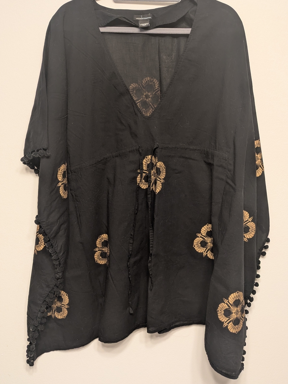 Moda International Black Swim Coverup with Gold Floral Embroidery